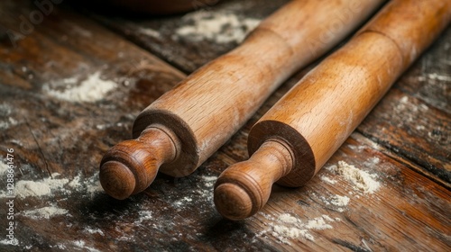 Wooden Rolling Pins on Rustic Table Surrounded by Flour Dust