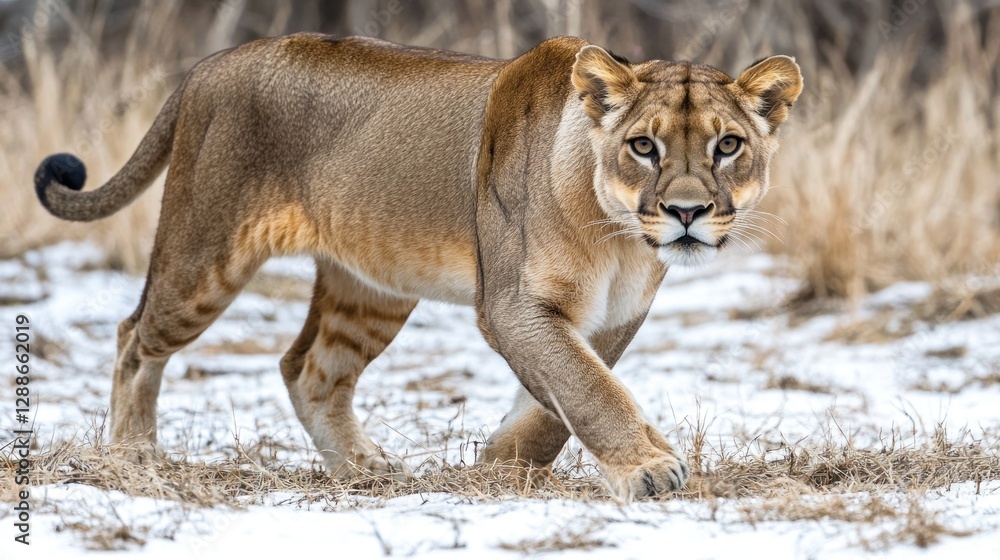 Obraz premium Lioness walking snowy savanna, winter wildlife, nature documentary