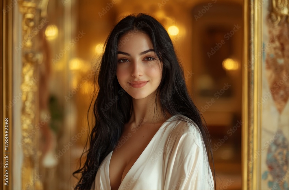 Elegant Brunette Portrait in Ornate Gold Framed Mirror Serene Gaze Artistic Presentation Elegant Brunette Portrait in Ornate Gold Framed Mirror Serene Gaze Artistic Presentation