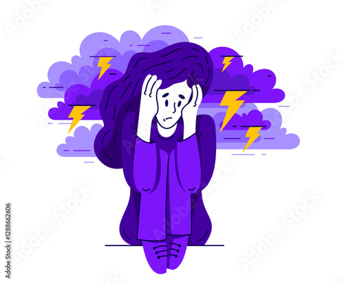 Young woman feeling stressed and uncomfortable, vector illustration of a person having mental disorder panic and anxiety, psychological problems.