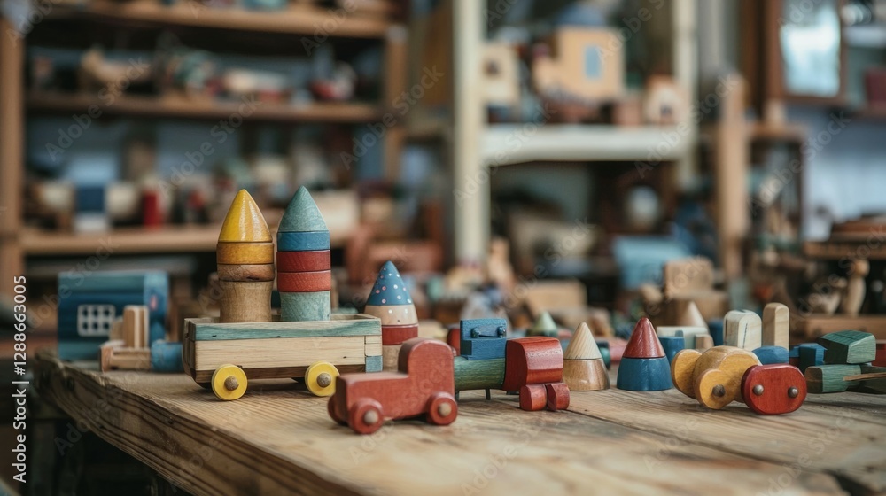 Fototapeta premium Colorful Wooden Toys on a Table in a Playful Environment