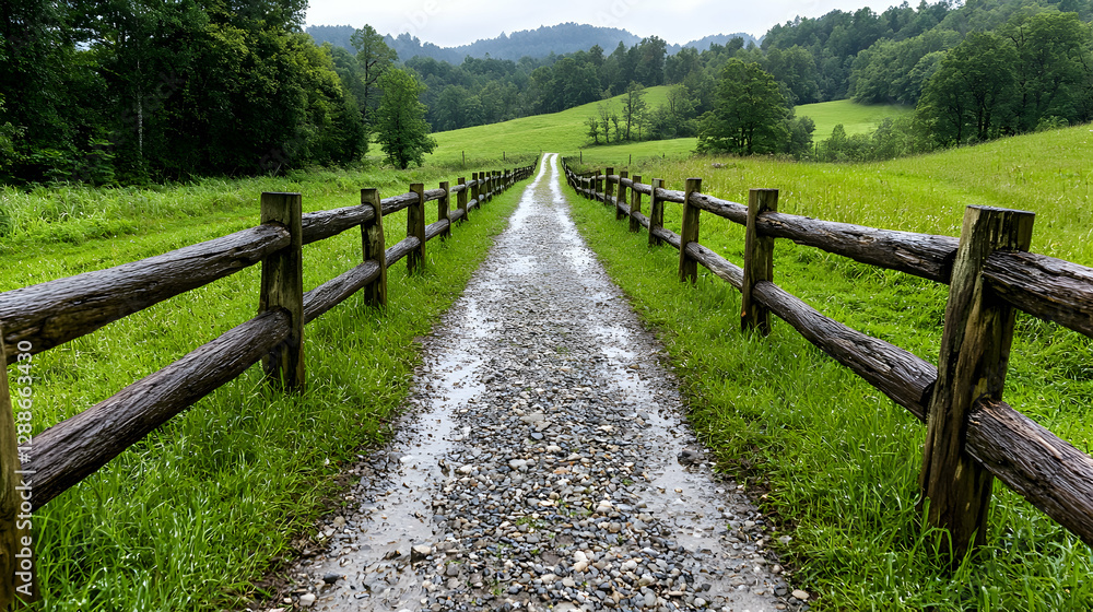 Rainy day, gravel path, wooden fence, green hills Rainy day, gravel path, wooden fence, green hills