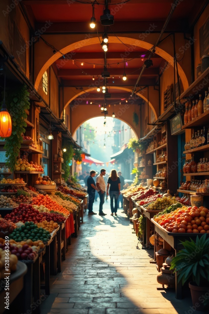 Obraz premium Sunlit Market Arcade Vibrant Produce, Warm Atmosphere, and Casual Strollers