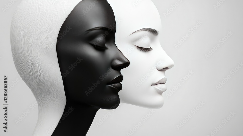 Contrasting black-and-white faces blending into one, conveying a message of equality and unity Contrasting black-and-white faces blending into one, conveying a message of equality and unity