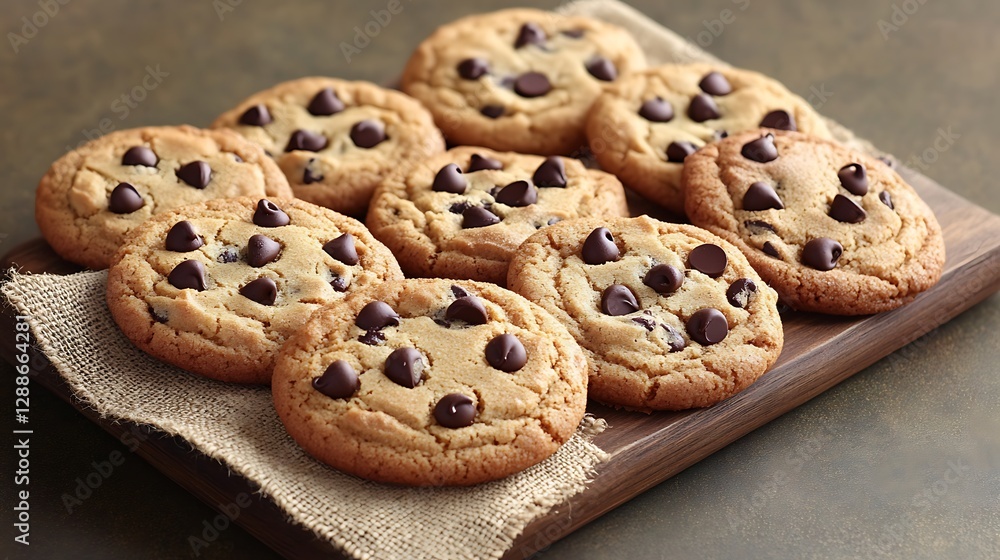 Homemade chocolate chip cookies arranged on a wooden serving board with a burlap napkin and a muted taupe background Homemade chocolate chip cookies arranged on a wooden serving board with a burlap napkin and a muted taupe background