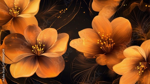 Golden Blossoms in Dark Hues Artwork Depicting Floral Elegance and Radiant Warmth in Botanical Display photo