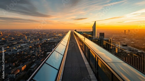 Cityscape sunset rooftop walkway aerial view