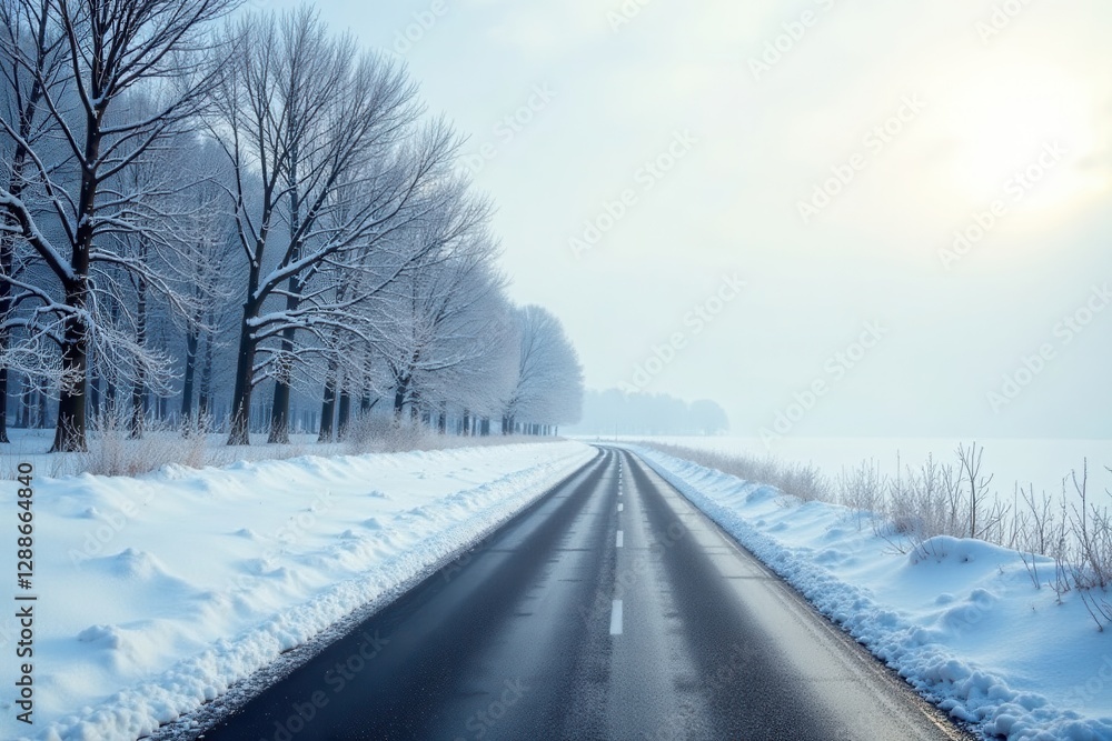 Obraz premium Serene Winter Roadway, Snow-Covered Landscape, and Bare Trees Lining a Scenic Asphalt Path