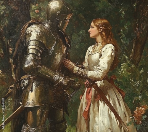 Knight in Shining Armor with Maiden in a Forested Romantic Scene Medieval Era Love and Farewell