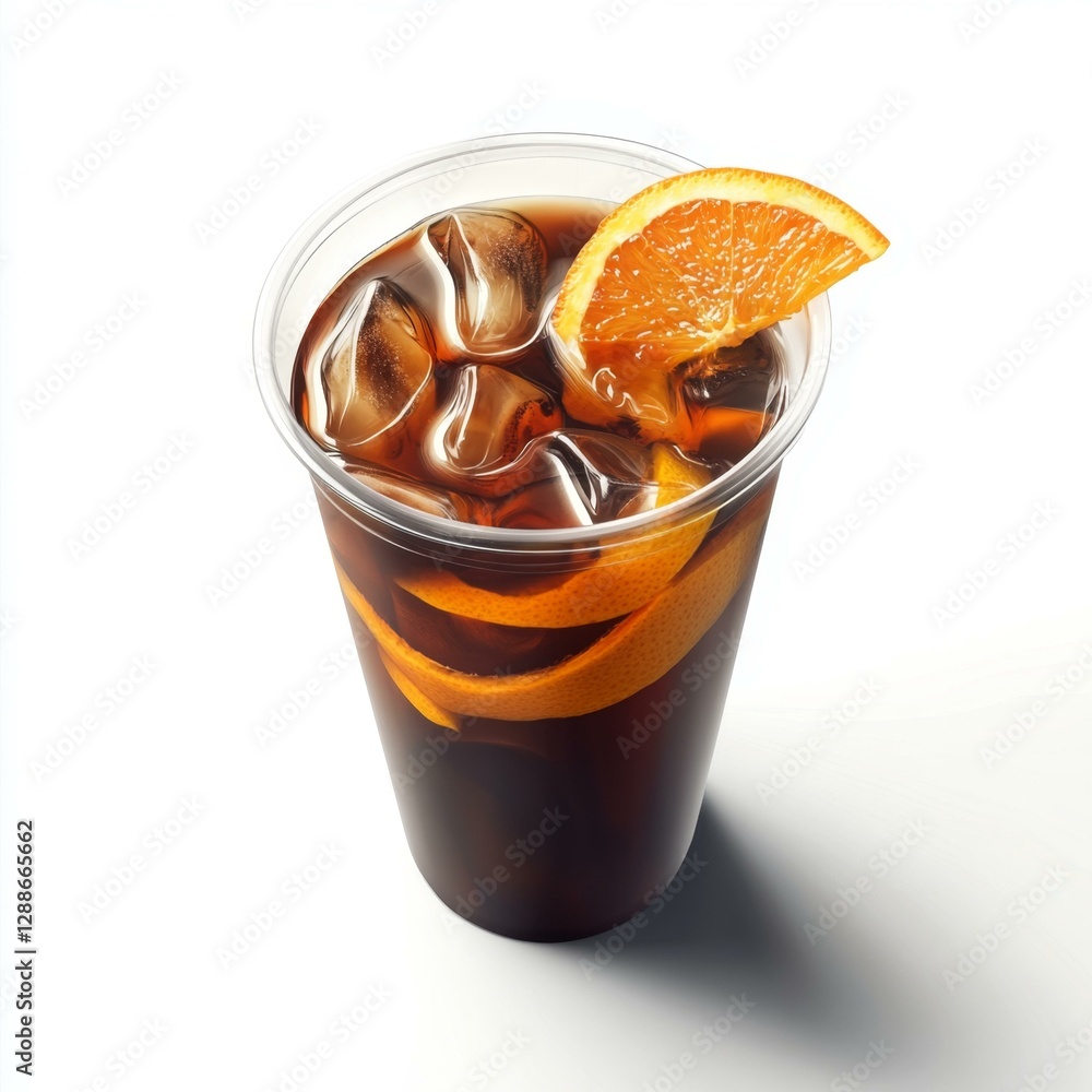 Refreshing Citrus Infused Dark Beverage with Ice Cubes and Orange Slice Garnish Clear Cup Drink Refreshing Citrus Infused Dark Beverage with Ice Cubes and Orange Slice Garnish Clear Cup Drink