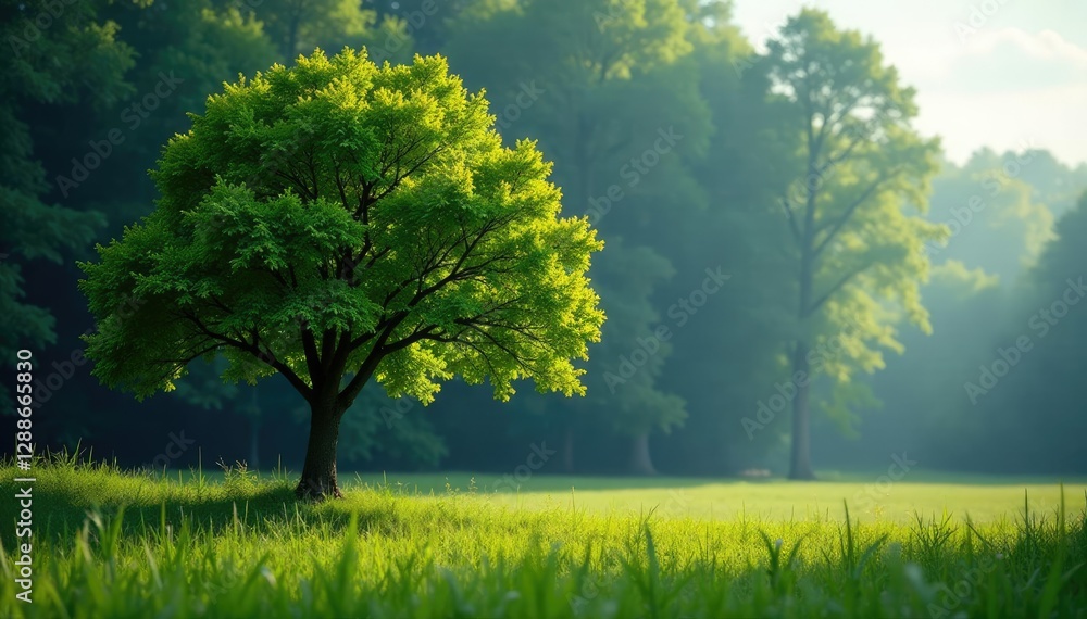 Fototapeta premium Dense foliage of a single tree in a forest clearing, nature, scenery, isolated tree