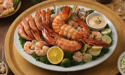 Exquisite Seafood Platter Featuring Fresh Shrimp and Zesty Citrus Garnish on the table photo