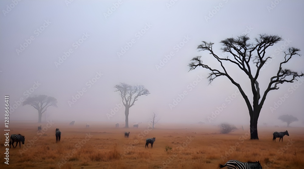 Split-toned savanna, thick fog, divided sections, low visibility, bold areas of contrast, iconic acacia trees Split-toned savanna, thick fog, divided sections, low visibility, bold areas of contrast, iconic acacia trees