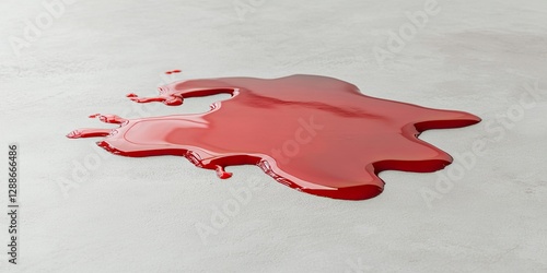 Puddle of red liquid on light grey surface, with copy space