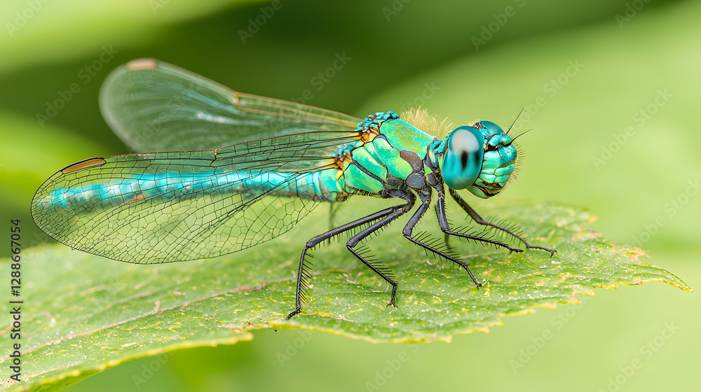 Green dragonfly resting on leaf, close-up, nature Green dragonfly resting on leaf, close-up, nature