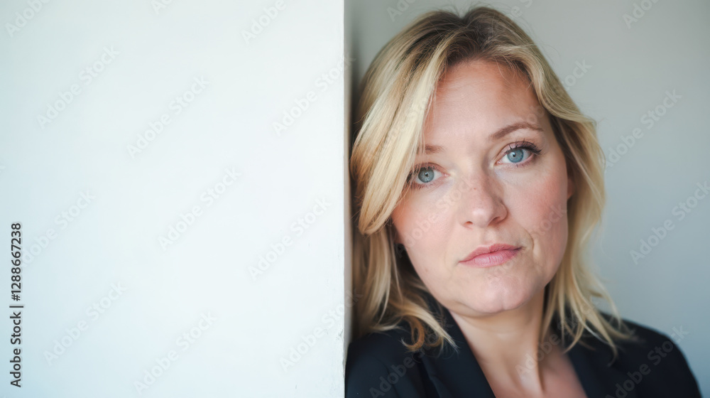 Thoughtful middle-aged woman, blonde hair, blue eyes, serious expression, professional attire, close-up portrait, confident look, mature female, copy space Thoughtful middle-aged woman, blonde hair, blue eyes, serious expression, professional attire, close-up portrait, confident look, mature female, copy space