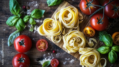 Freshly made Italian pasta with ripe tomatoes, basil leaves, and rustic spices on a wooden table