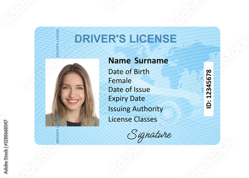 Fotografía Driver's license with photo of woman and world map illustration isolated on whit