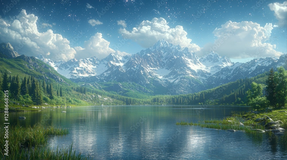 Serene Lake View Surrounded by Lush Green Forest and Snow Capped Mountains Under Bright Sky Serene Lake View Surrounded by Lush Green Forest and Snow Capped Mountains Under Bright Sky