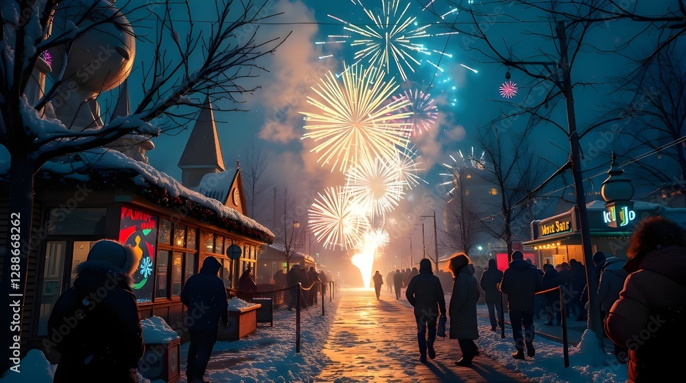 High-resolution stock photo a wintry New Year's celebration, vibrant fireworks illuminating the night sky, warmly dressed individuals, commercial, professional quality, High-resolution stock photo a wintry New Year's celebration, vibrant fireworks illuminating the night sky, warmly dressed individuals, commercial, professional quality,