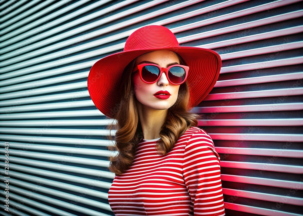 Fototapeta premium Dynamic portrait of a stylish woman in a bold red hat with sunglasses, set against an artistic striped wall, embodying modern fashion and personal expression.