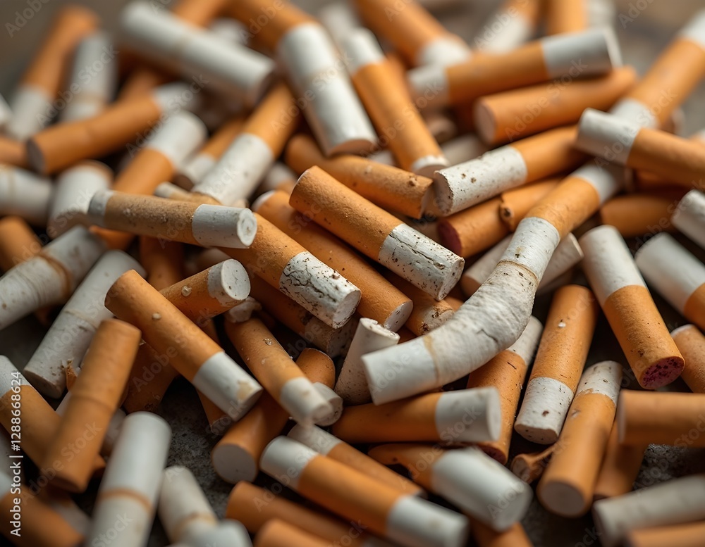 Close-up of pressed cigarette butts, representing the anti-smoking campaign to stop pollution and the negative effects of smoking Close-up of pressed cigarette butts, representing the anti-smoking campaign to stop pollution and the negative effects of smoking
