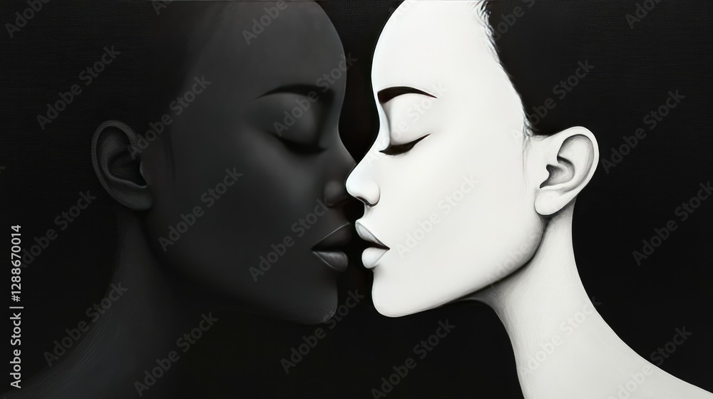 Minimalist black-and-white portrait of two faces merging, representing balance and inclusivity Minimalist black-and-white portrait of two faces merging, representing balance and inclusivity