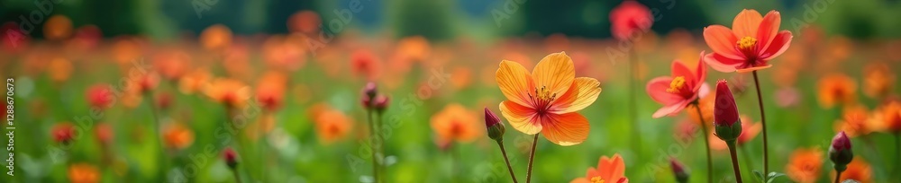 Melastoma malabathricum flowers in a large field of similar wildflowers, Blooming, Tropical, Botany