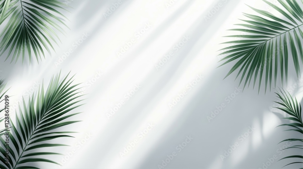 Fototapeta premium Tropical Minimalist Backdrop with Green Palm Leaves and Soft Sunlight Overlay for Nature Inspired Design
