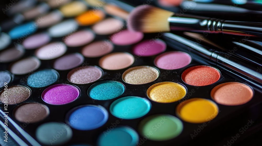 Professional makeup artist tools: a vibrant eyeshadow palette with multiple shades and high-quality brushes Professional makeup artist tools: a vibrant eyeshadow palette with multiple shades and high-quality brushes