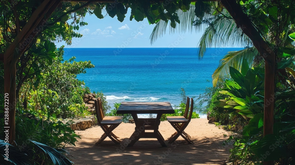 Obraz premium Relaxing beachside view with a rustic wooden table nestled under lush tropical plants, facing the deep blue sea