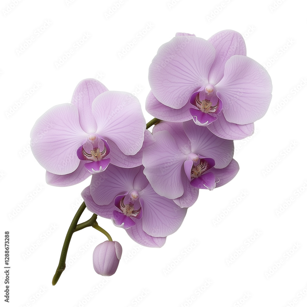 The image showcases a cluster of delicate purple orchids with intricate petal details and a single unopened bud, set against a black background. The image showcases a cluster of delicate purple orchids with intricate petal details and a single unopened bud, set against a black background.