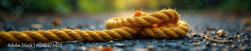 Rope coil on the ground with an unattached end, coil, hang