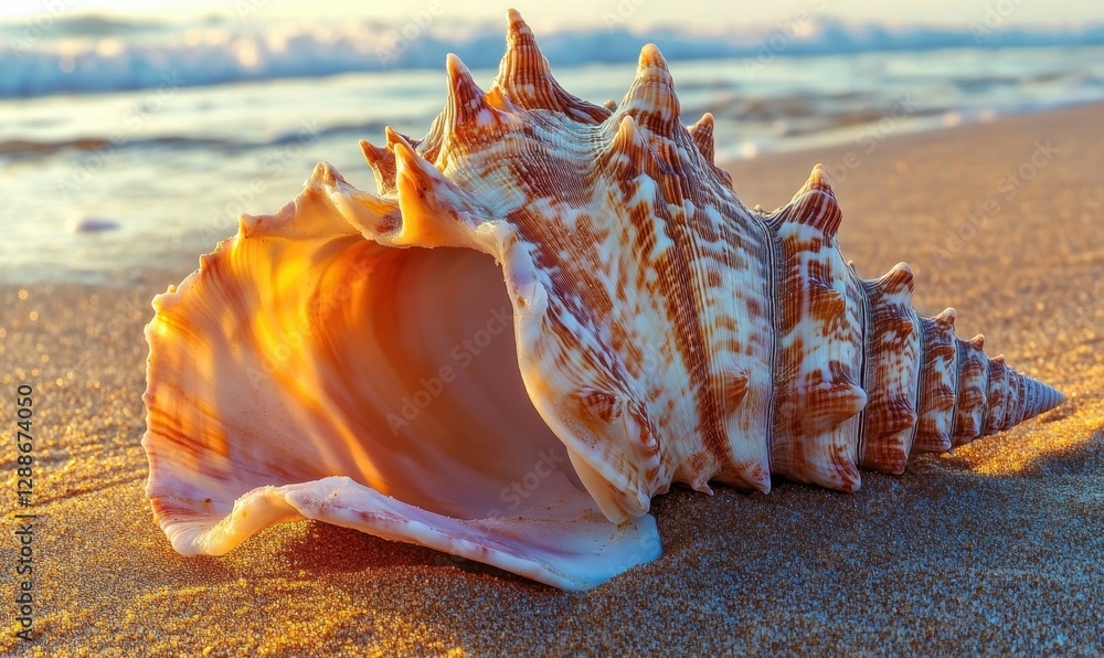 Seashell on sandy beach at sunrise with ocean waves Seashell on sandy beach at sunrise with ocean waves
