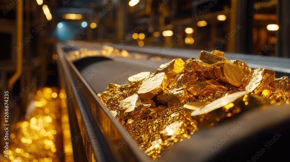 Abundance of Gold Bars and Coins on Industrial Conveyor Belt Abundance of Gold Bars and Coins on Industrial Conveyor Belt