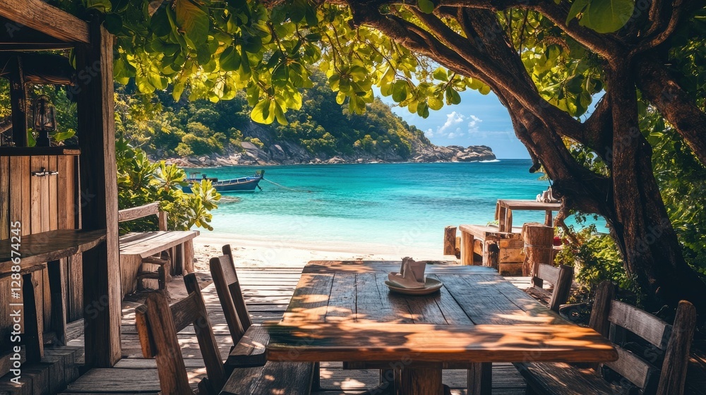 Fototapeta premium Sunlit wooden table under hanging tropical foliage, with a breathtaking view of crystal-clear ocean waters