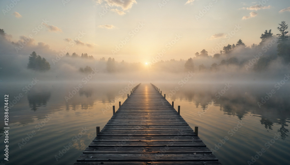 A serene image of a wooden dock extending into a calm lake shrouded in morning mist. A serene image of a wooden dock extending into a calm lake shrouded in morning mist.