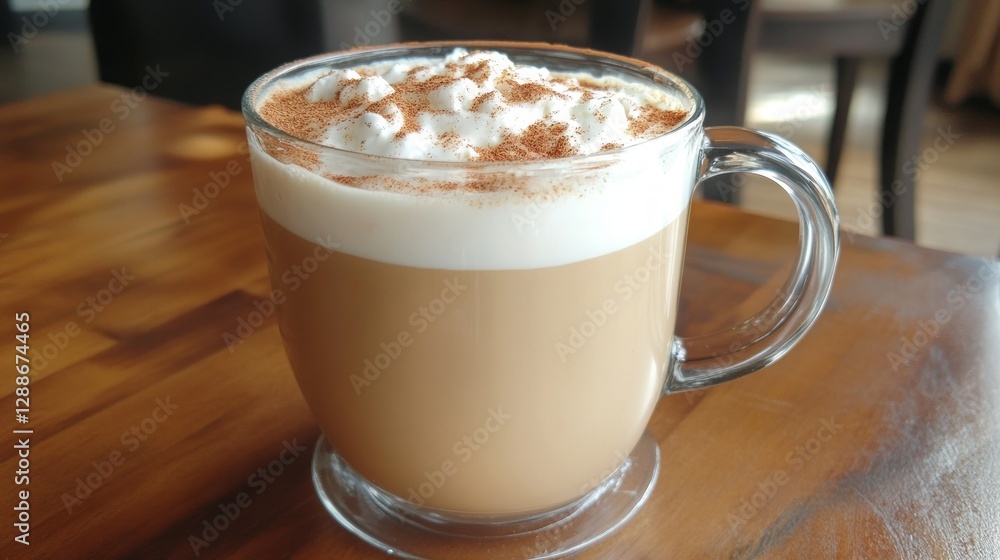 Warm Coffee Drink Topped with Cream and Cinnamon on Wooden Table Warm Coffee Drink Topped with Cream and Cinnamon on Wooden Table