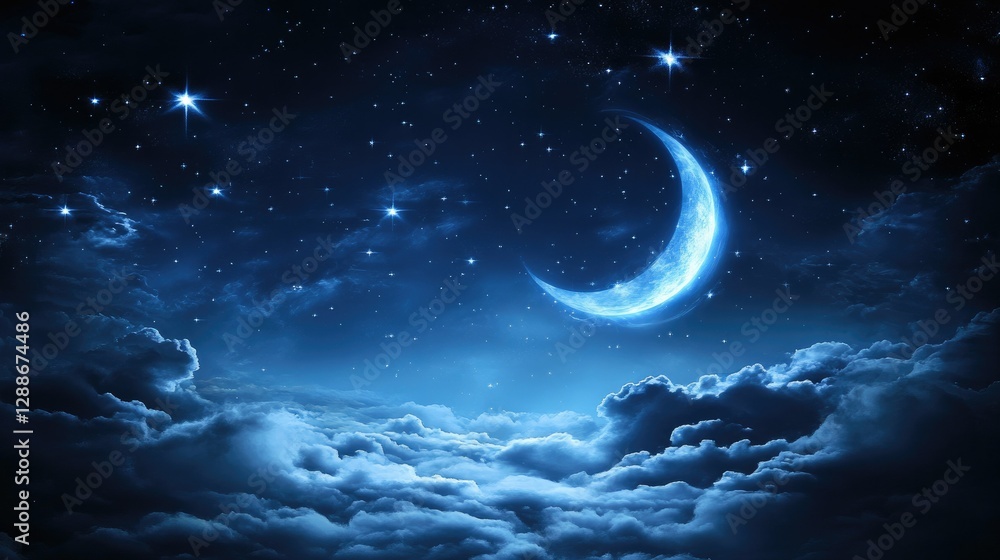 Fototapeta premium Surreal celestial night sky in soft blue tones, featuring delicate glowing stars and gentle swirling clouds in a dreamlike atmosphere
