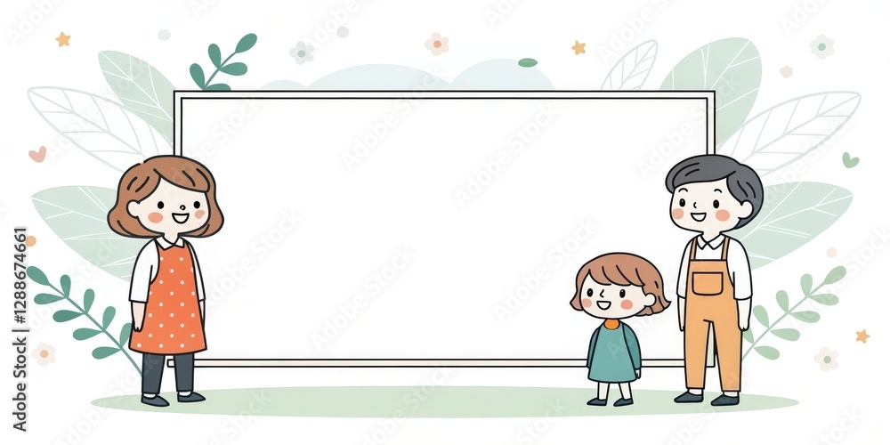 Fototapeta premium A heartwarming illustration of a family standing in front of a blank canvas