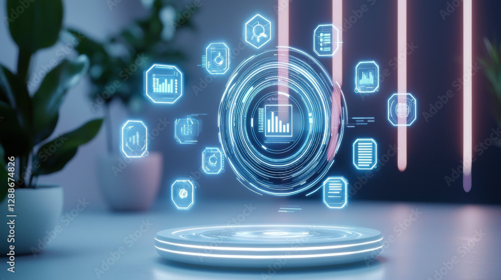 Naklejka premium Holographic interface displaying floating data and graphs in modern setting