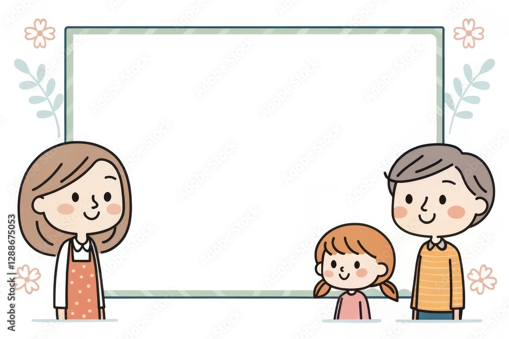 a cartoon illustration of a family of three standing near a blank frame, symbolizing family love, happiness, and togetherness a cartoon illustration of a family of three standing near a blank frame, symbolizing family love, happiness, and togetherness