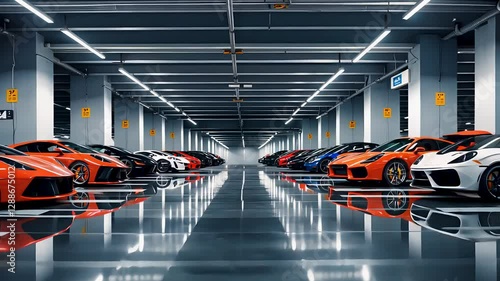 Underground parking garage with sports cars lined up under bright artificial lighting
