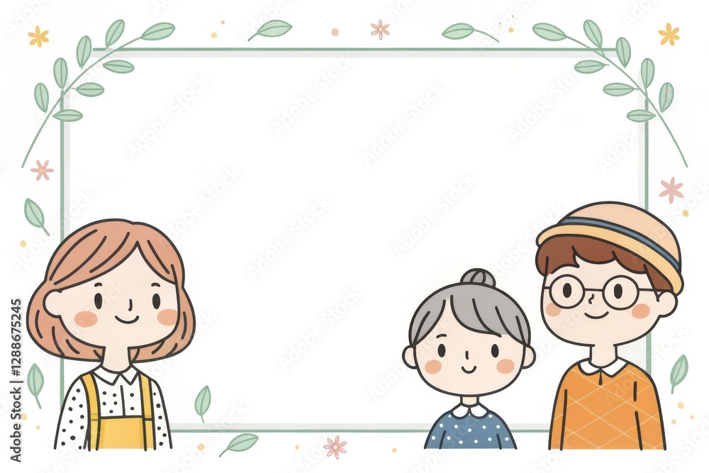 an illustration of a cute family.The design features a delicate floral frame, adding a touch of elegance and nature-inspired an illustration of a cute family.The design features a delicate floral frame, adding a touch of elegance and nature-inspired