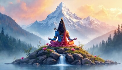 Hindu God Shiva meditating on Mount Kailash in Himalayas. Divine spiritual meditation pose illustration. Colorful artistic watercolor religious painting for Maha Shivratri holiday poster hinduism