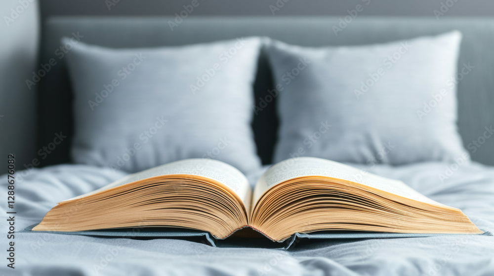 serene scene featuring open book on soft bed with pillows, inviting relaxation and reading serene scene featuring open book on soft bed with pillows, inviting relaxation and reading