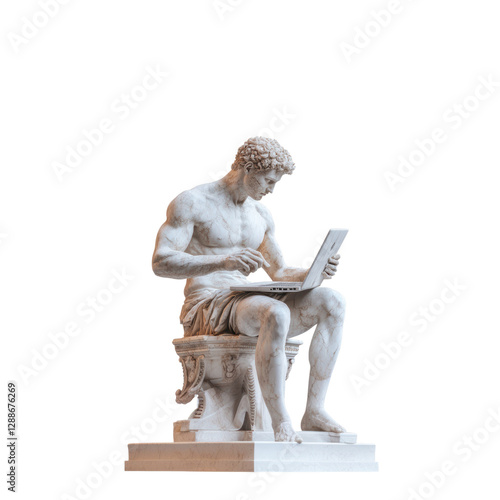Statue of a man sitting on a toilet in a public art installation in an urban environment isolated on transparent background.