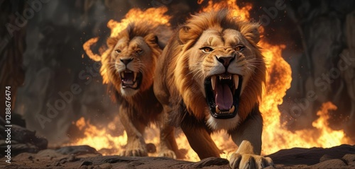 Flames erupt from the lion's mouth as it lets out a deafening roar, beast, loud, wildlife