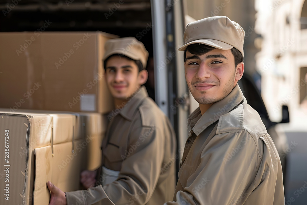 Fototapeta premium Two Youthful Delivery Men in Uniform Unloading Furniture from a Vehicle