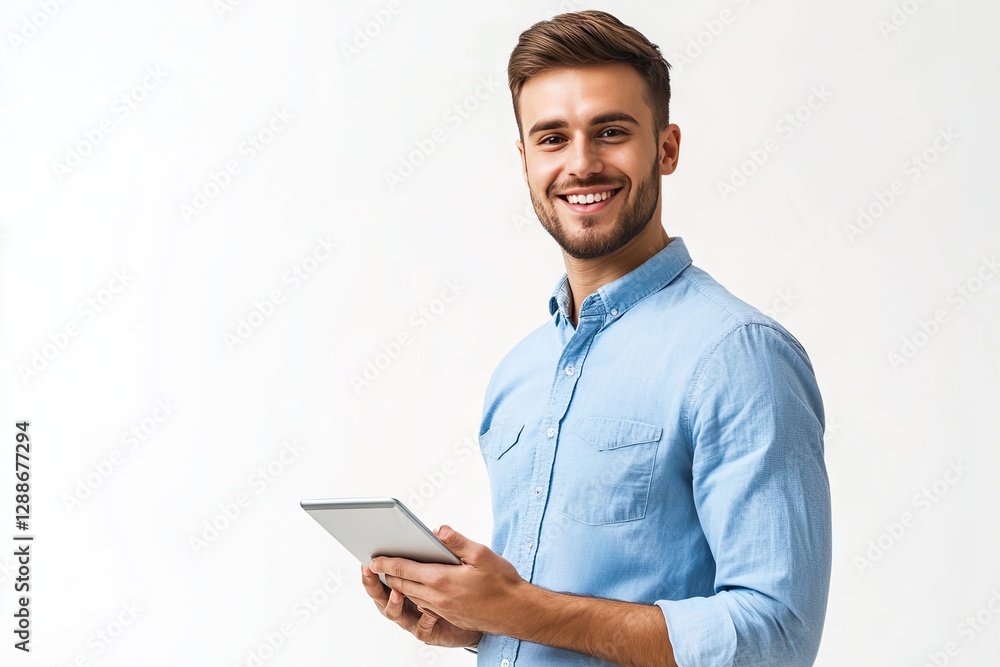 Smiling man holding tablet, indoor studio shot Smiling man holding tablet, indoor studio shot